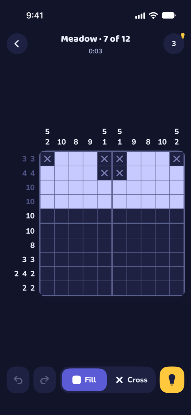 A Gridlings puzzle in progress: a 10 by 10 grid with number clues along the top and left