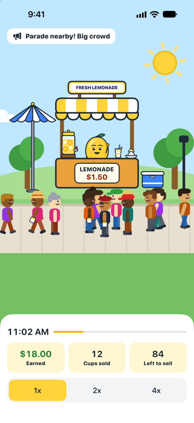 The lemonade stand in the park, with the lemon owner behind the counter and customers lining up