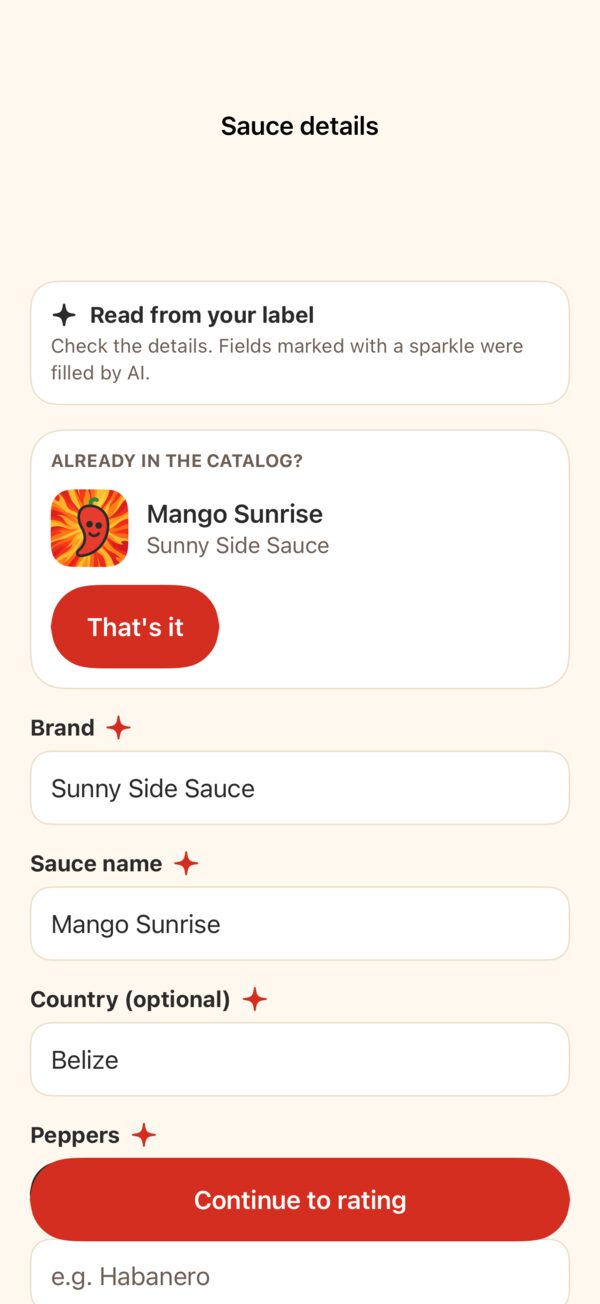 Add sauce screen filled in from a scanned label, with a catalog match