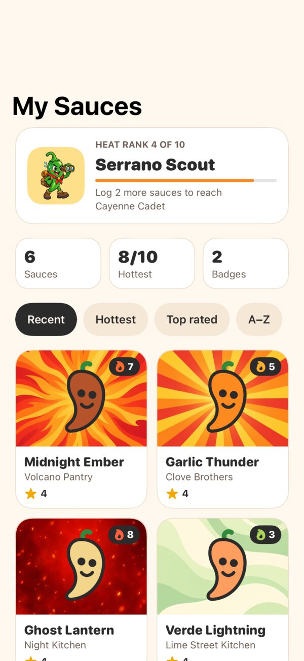 Collection screen showing sauce tiles with their heat levels