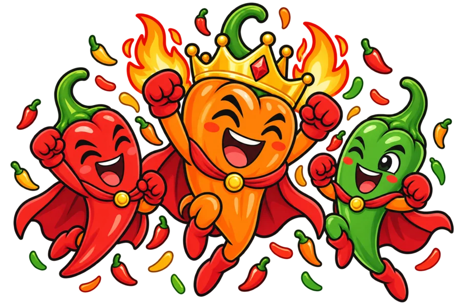 Three cartoon chili characters celebrating, one wearing a golden crown