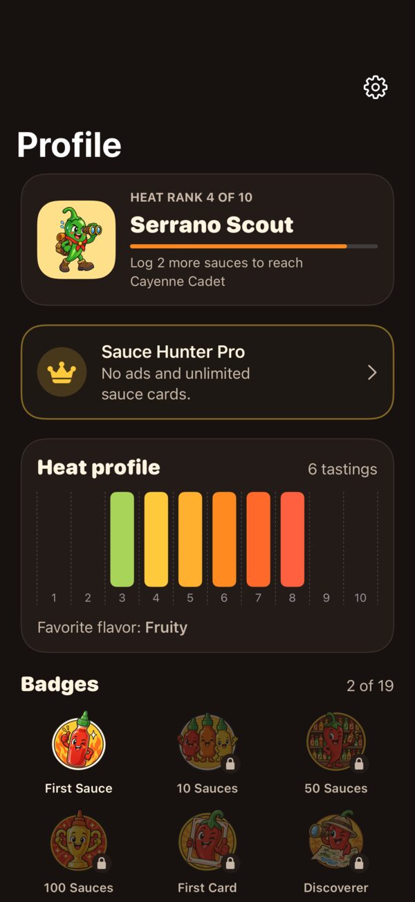 Profile screen with heat rank, heat profile chart and badges