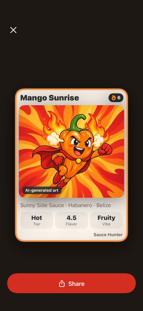 A Mango Sunrise character card with heat 6 and a fruity vibe
