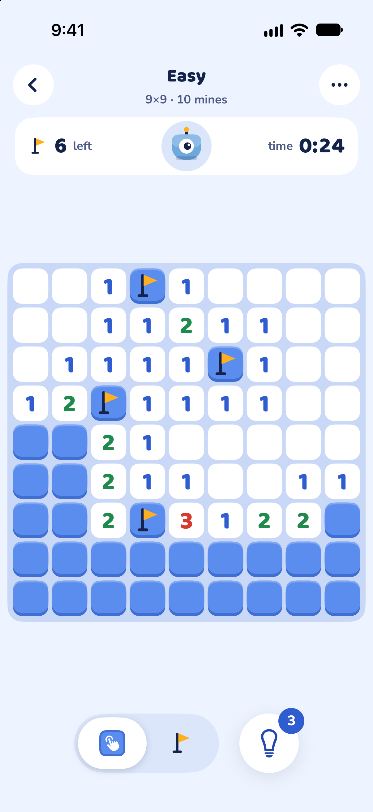 An Easy board in Sweepy: blue raised squares, revealed numbers and yellow flags, with the mines-left counter, Sweepy the robot and the timer above